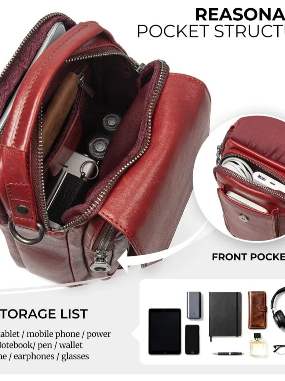 Men's Burgundy Leather Shoulder Sling Travel Crossbody Stylish Magnetic Bag